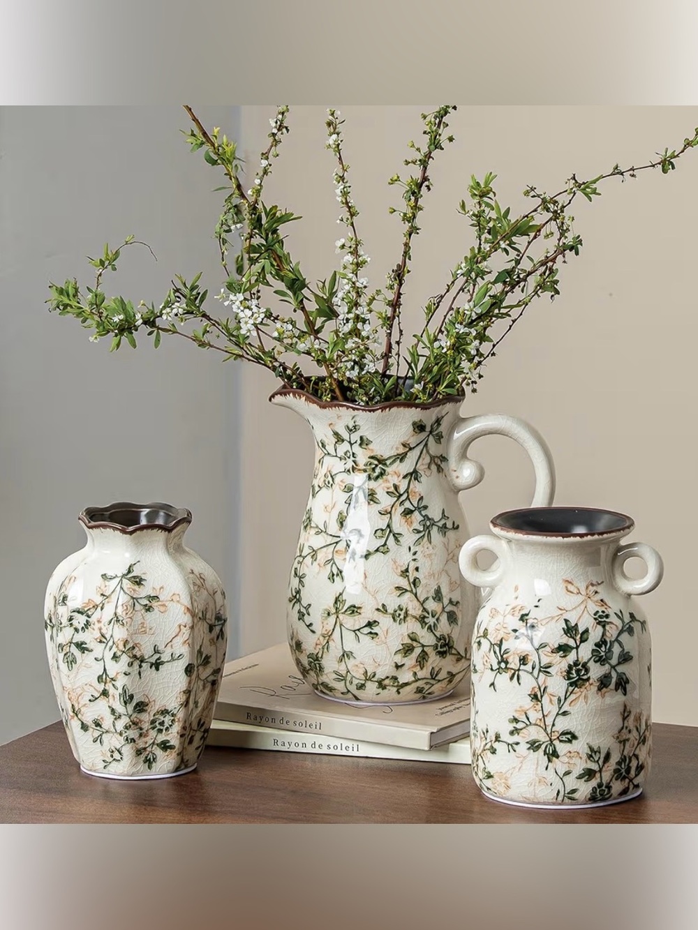 Floral Ceramic Set of Vases with Green Vine Pattern
